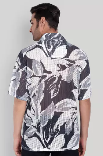 Stysure leaf botanical oversized shirt, short sleeve black & white large leaf print cuban collar casual shirts