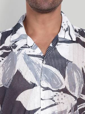 Stysure leaf botanical oversized shirt, short sleeve black & white large leaf print cuban collar casual shirts 4