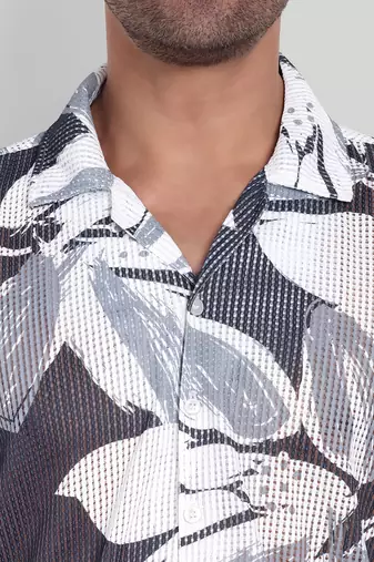 Stysure leaf botanical oversized shirt, short sleeve black & white large leaf print cuban collar casual shirts