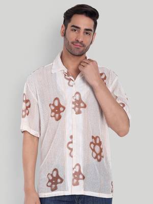 Stysure floral oversized shirt, short sleeve white & brown large flower shape cuban collar casual shirts 1