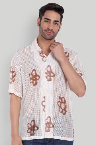 Stysure floral oversized shirt, short sleeve white & brown large flower shape cuban collar casual shirts