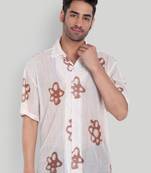 Stysure floral oversized shirt, short sleeve white & brown large flower shape cuban collar casual shirts