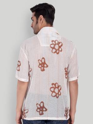 Stysure floral oversized shirt, short sleeve white & brown large flower shape cuban collar casual shirts 2