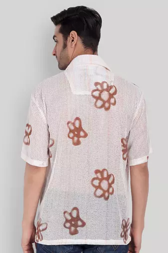 Stysure floral oversized shirt, short sleeve white & brown large flower shape cuban collar casual shirts
