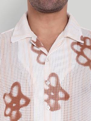 Stysure floral oversized shirt, short sleeve white & brown large flower shape cuban collar casual shirts 3