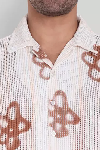 Stysure floral oversized shirt, short sleeve white & brown large flower shape cuban collar casual shirts