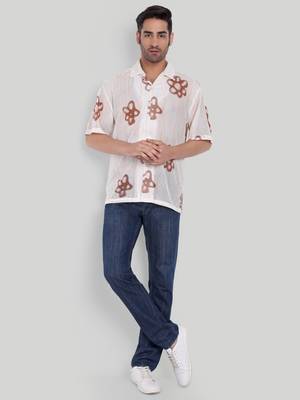 Stysure floral oversized shirt, short sleeve white & brown large flower shape cuban collar casual shirts 4