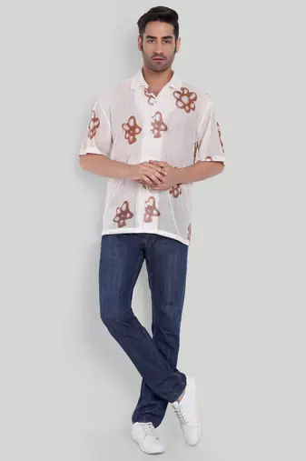 Stysure floral oversized shirt, short sleeve white & brown large flower shape cuban collar casual shirts