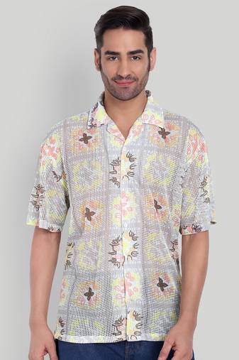 Stysure floral botanical oversized shirt, short sleeve beige & yellow light floral cuban collar casual shirts
