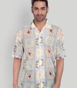 Stysure floral botanical oversized shirt, short sleeve beige & yellow light floral cuban collar casual shirts