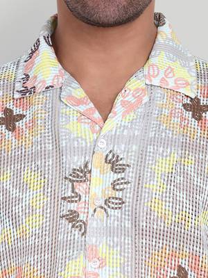 Stysure floral botanical oversized shirt, short sleeve beige & yellow light floral cuban collar casual shirts 3