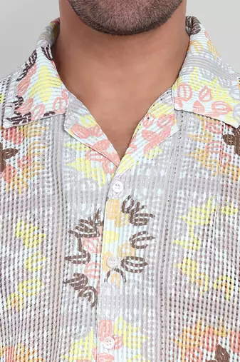 Stysure floral botanical oversized shirt, short sleeve beige & yellow light floral cuban collar casual shirts