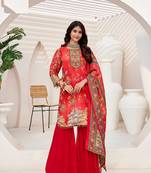 Tomato red kanjivaram silk full stitched hand work wedding suits