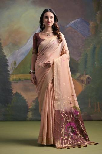 Peach peacock thread woven pallu with butti weaves