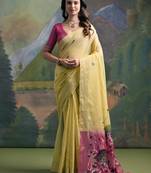 Yellow peacock thread woven pallu with butti weaves