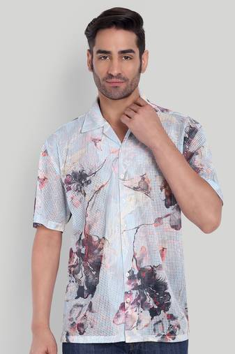 Stysure abstract dark floral shirt, oversized short sleeve sky blue & grey botanical cuban collar casual shirts