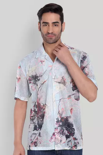 Stysure abstract dark floral shirt, oversized short sleeve sky blue & grey botanical cuban collar casual shirts