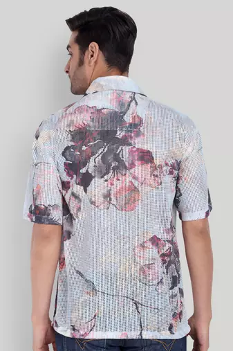 Stysure abstract dark floral shirt, oversized short sleeve sky blue & grey botanical cuban collar casual shirts
