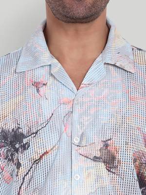 Stysure abstract dark floral shirt, oversized short sleeve sky blue & grey botanical cuban collar casual shirts 3