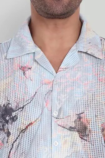 Stysure abstract dark floral shirt, oversized short sleeve sky blue & grey botanical cuban collar casual shirts