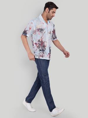 Stysure abstract dark floral shirt, oversized short sleeve sky blue & grey botanical cuban collar casual shirts 4