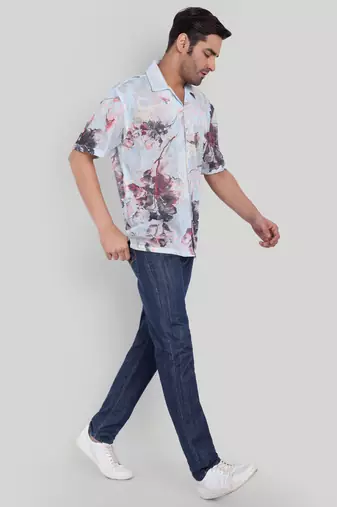 Stysure abstract dark floral shirt, oversized short sleeve sky blue & grey botanical cuban collar casual shirts