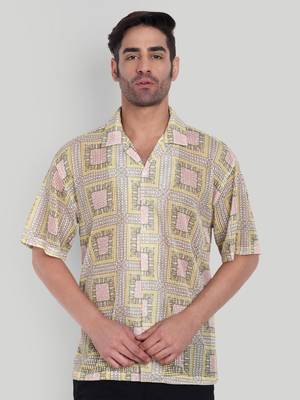 Stysure geometric color block shirt, oversized short sleeve yellow & pink square rectangular cuban collar casual shirts 1