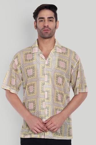 Stysure geometric color block shirt, oversized short sleeve yellow & pink square rectangular cuban collar casual shirts
