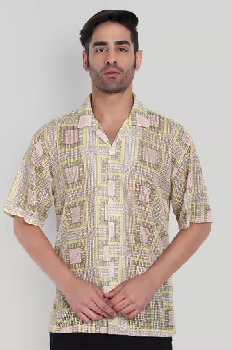 Stysure geometric color block shirt, oversized short sleeve yellow & pink square rectangular cuban collar casual shirts