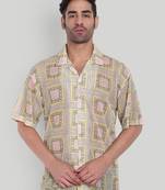 Stysure geometric color block shirt, oversized short sleeve yellow & pink square rectangular cuban collar casual shirts