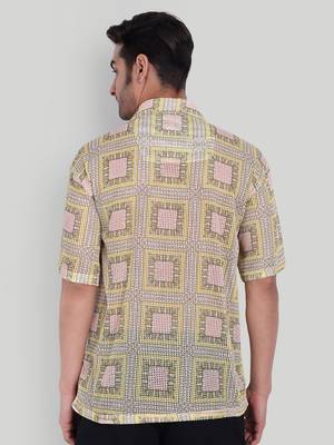 Stysure geometric color block shirt, oversized short sleeve yellow & pink square rectangular cuban collar casual shirts 2
