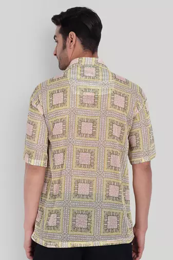 Stysure geometric color block shirt, oversized short sleeve yellow & pink square rectangular cuban collar casual shirts