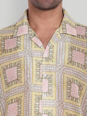 Stysure geometric color block shirt, oversized short sleeve yellow & pink square rectangular cuban collar casual shirts 3