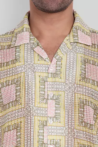 Stysure geometric color block shirt, oversized short sleeve yellow & pink square rectangular cuban collar casual shirts