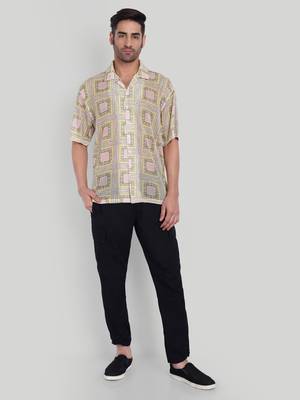 Stysure geometric color block shirt, oversized short sleeve yellow & pink square rectangular cuban collar casual shirts 4