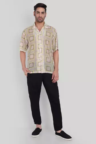 Stysure geometric color block shirt, oversized short sleeve yellow & pink square rectangular cuban collar casual shirts
