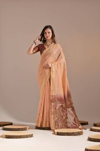 Peach cow design thread woven pallu with butti weaves