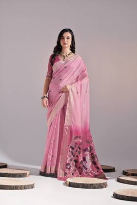Pink cow design thread woven pallu with butti weaves 1