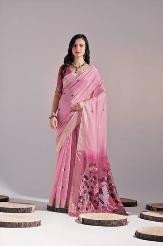 Pink cow design thread woven pallu with butti weaves