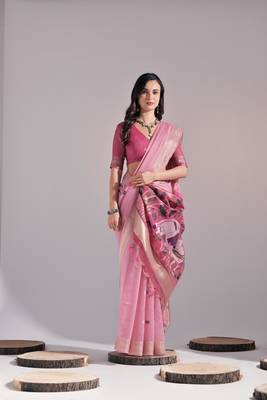 Pink cow design thread woven pallu with butti weaves 2