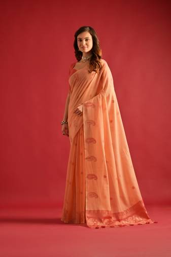 Orange keri weaving pallu with butti weaves Saree