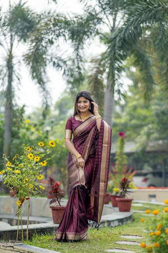 Maroon zari woven border and pallu saree