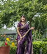 Wine zari woven border and pallu saree