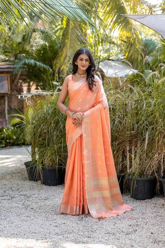 Orange zari woven border with zari woven butti Saree
