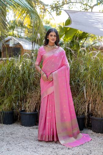 Pink zari woven border with zari woven butti Saree