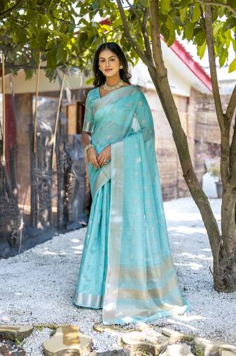 Turquoise zari woven border with zari woven butti Saree