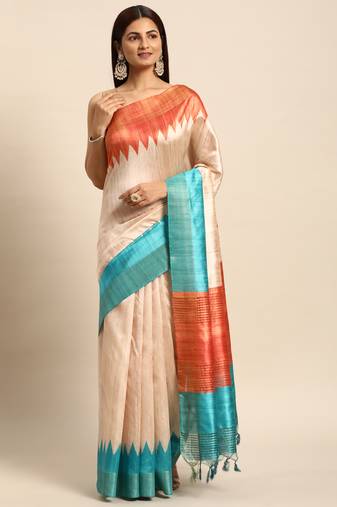 Turquoise solid design with temple border saree