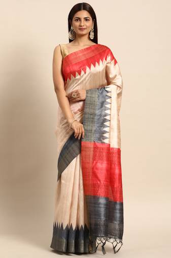 Grey solid design with temple border saree