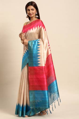 Teal solid design with temple border saree