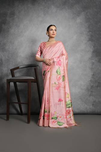 Peach printed with zari woven small border